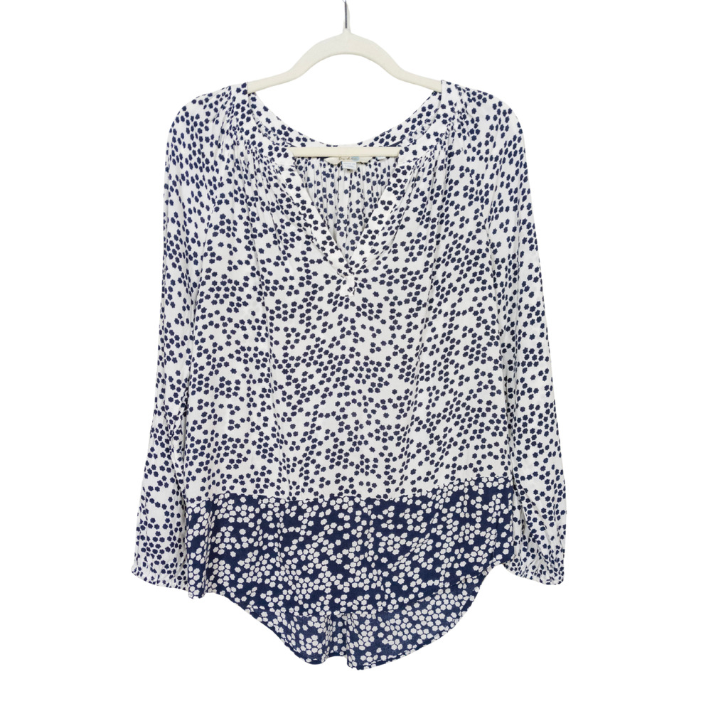 BODEN Navy White Print Maya Blouse Viscose Long Sleeve Split Neck Women's US 6